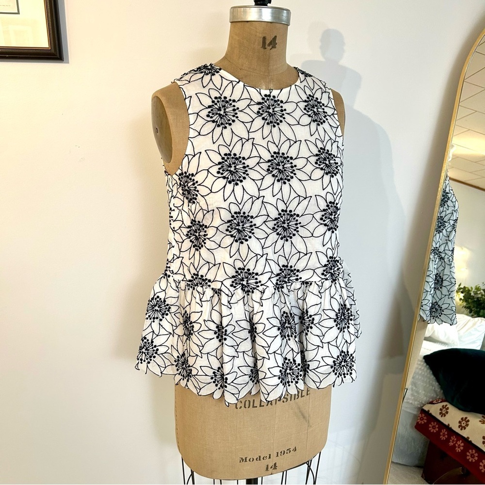 J. Crew White Sleeveless Peplum Top with Black Floral Embroidery